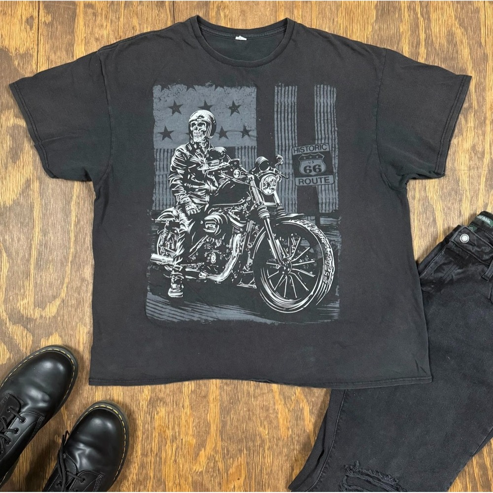 Delta Route 66 Skeleton Biker Graphic Tee Men's XL Faded Black Motorcycle